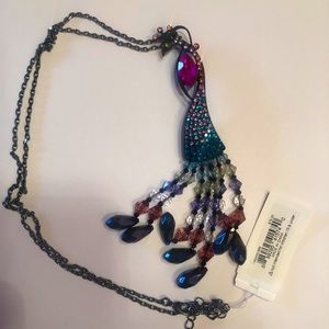Betsey Johnson Hematite Tone Peacock Pendant Necklace Fringe & Crystal Accents